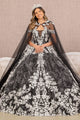 Floral Print Cloak Ball Gown by Elizabeth K GL3168 - XS / Black/White - Quinceanera Dresses