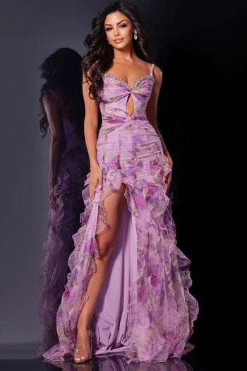 Floral Print Fitted Sleeveless Slit Gown by Jovani D5113 - 00 / Multi - Long Formal Dresses