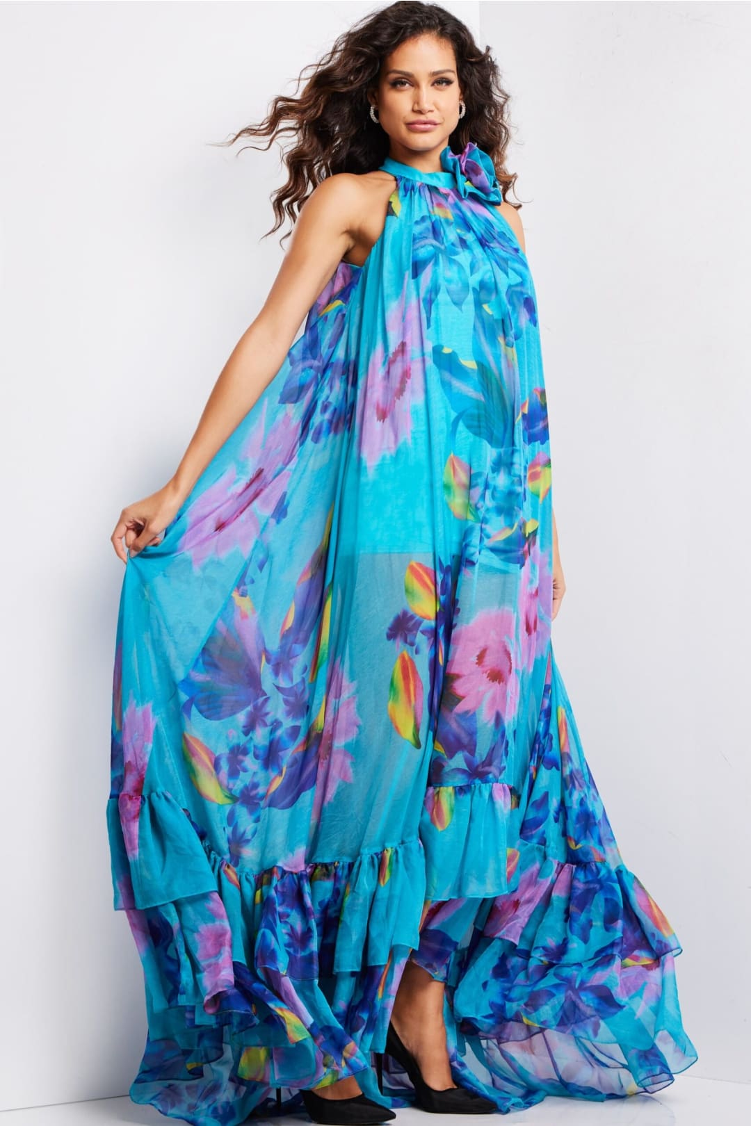 Floral Print Halter A-line Gown by Jovani 38721 - Long Formal Dresses