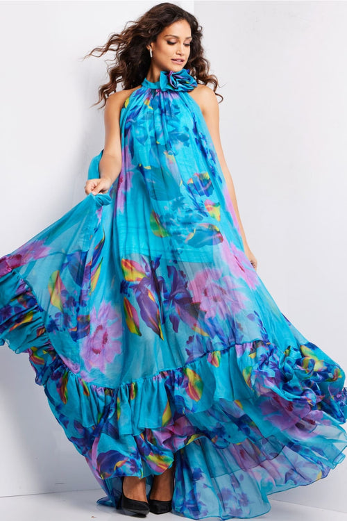 Floral Print Halter A-line Gown by Jovani 38721 - Long Formal Dresses