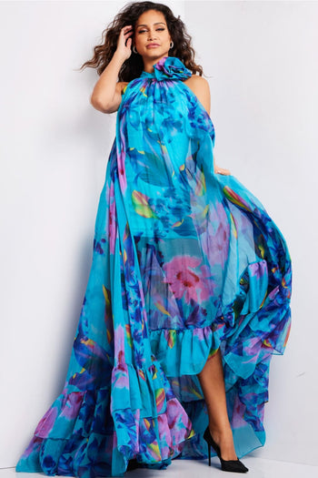 Floral Print Halter A-line Gown by Jovani 38721 - 00 / Print - Long Formal Dresses
