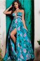Floral Print Halter A-line Slit Gown by Jovani 38638 - 00 / Blue/Multi - Long Formal Dresses