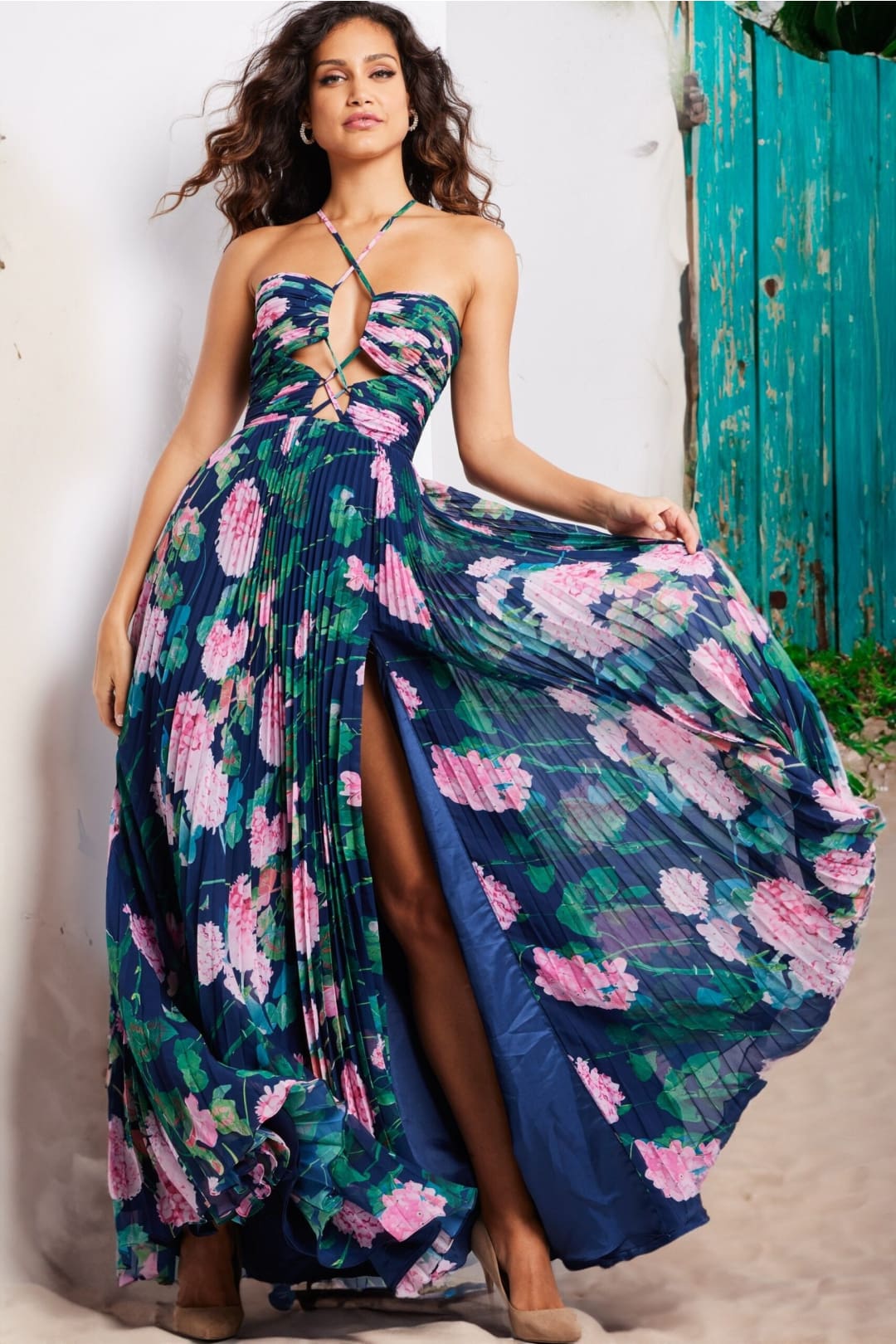 Floral Print Halter A-line Slit Gown by Jovani 38638 - 00 / Navy/Multi - Long Formal Dresses