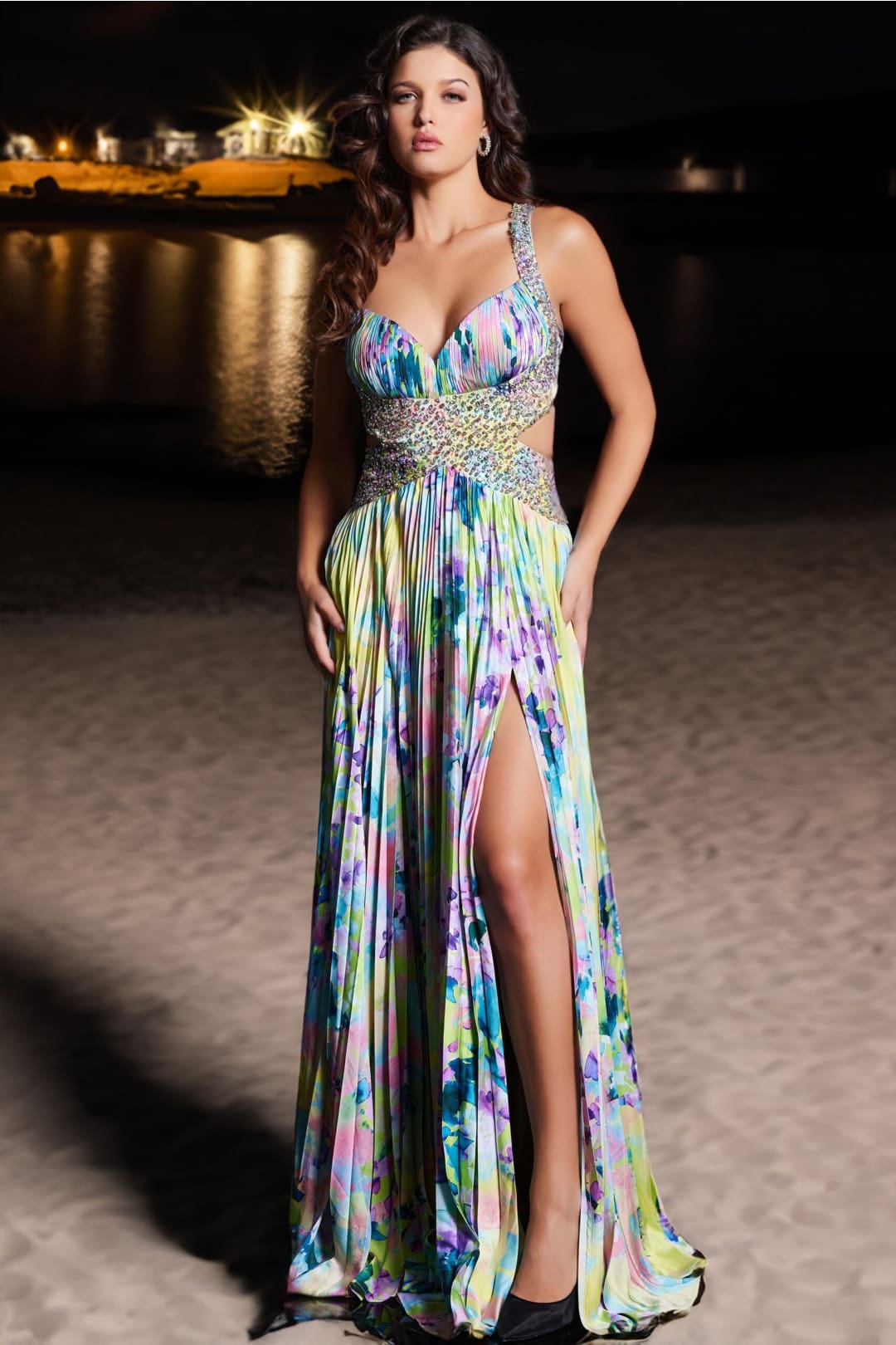 Floral Print Sleeveless A-line Slit Gown by Jovani 38733 - Long Formal Dresses