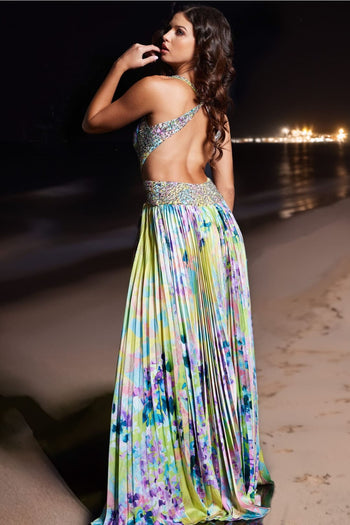 Floral Print Sleeveless A-line Slit Gown by Jovani 38733 - Long Formal Dresses