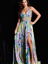 Floral Print Sleeveless A-line Slit Gown by Jovani 38733