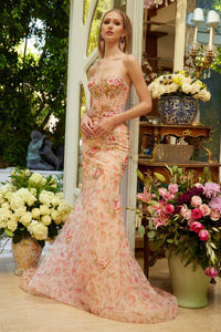 Floral Strapless Mermaid Dress by GLS Gloria GL3627 - XS / Peach - Long Formal Dresses