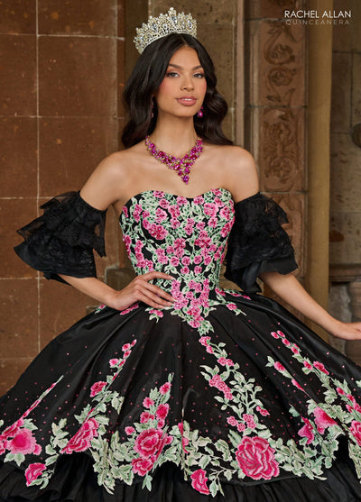 Floral Quinceañera Ball Gown with Embroidery Sleeves & Tiered Ruffle Skirt by Rachel Allan RQ5002
