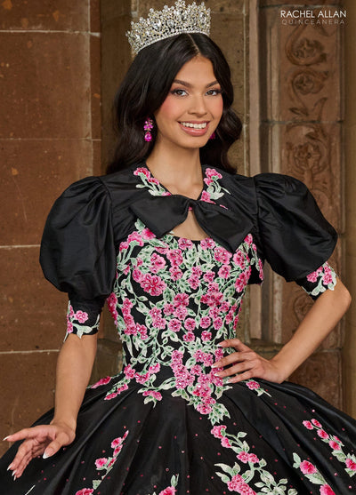 Floral Quinceañera Ball Gown with Embroidery Sleeves & Tiered Ruffle Skirt by Rachel Allan RQ5002