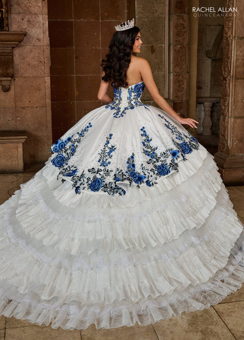 Floral Quinceañera Ball Gown with Embroidery Sleeves & Tiered Ruffle Skirt by Rachel Allan RQ5002