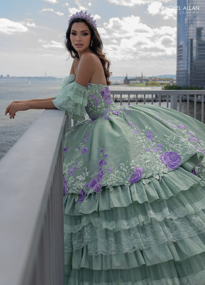 Floral Quinceañera Ball Gown with Embroidery Sleeves & Tiered Ruffle Skirt by Rachel Allan RQ5002