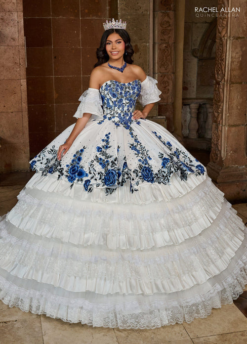 Floral Quinceañera Ball Gown with Embroidery Sleeves & Tiered Ruffle Skirt by Rachel Allan RQ5002