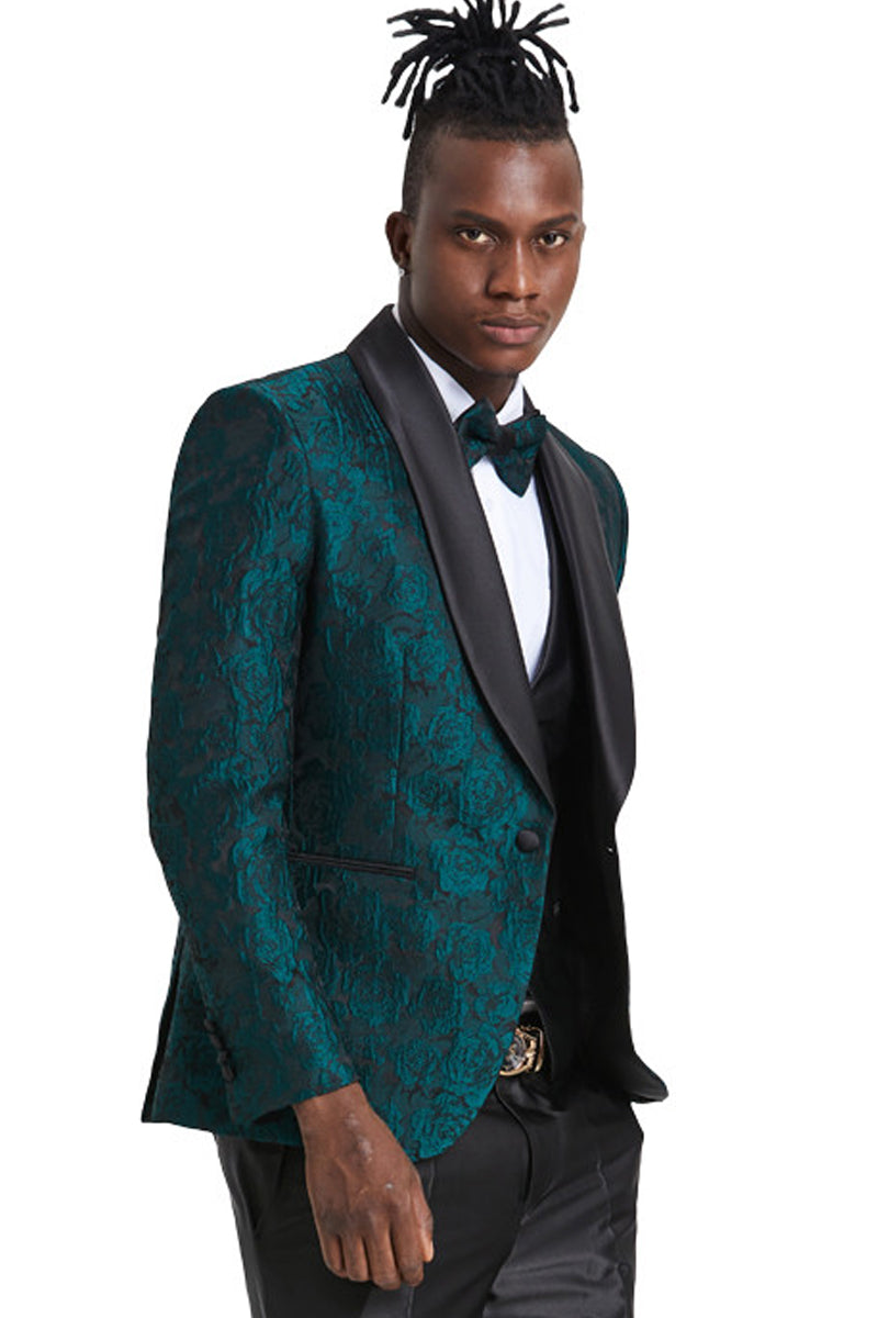 Esmoquin de graduación para hombre, de un botón, corte entallado, con estampado floral brillante de cachemira, en verde cazador