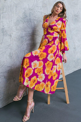 Flying Tomato 20301 Orchid Floral Print Long Sleeve Midi Dress