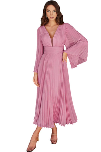 Formal Dress 2025 Bell Sleeve Pleated Evening Gown - Blossom Pink / 6 - Prom