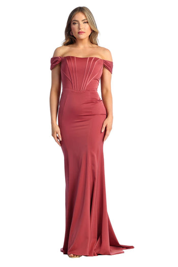 Off Shoulder Boned Bodice Long Dress - Rose / 4