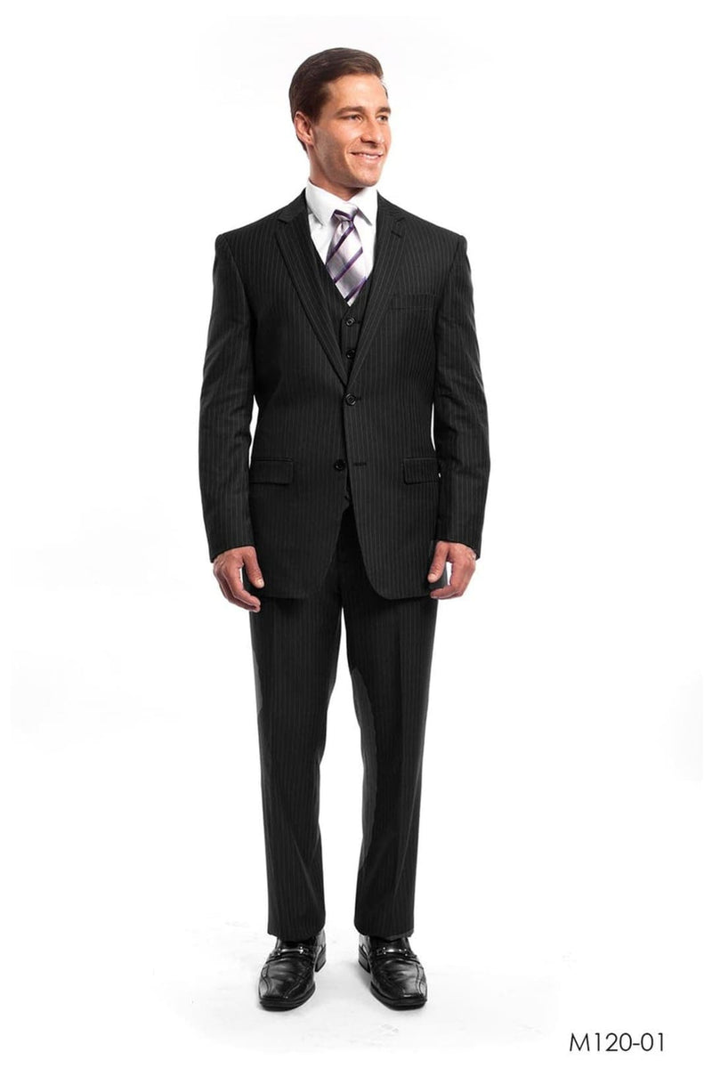 Three Piece Men’s Pin Stripe Suit - BLACK - 01 / US42R/W36 / EU52R/W46 - Mens Suits