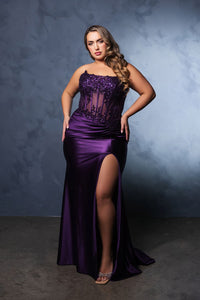 Formal Dress Strapless Sequin High Split Prom Gown By May Queen MQ2140 - EGGPLANT / 2 - Dress