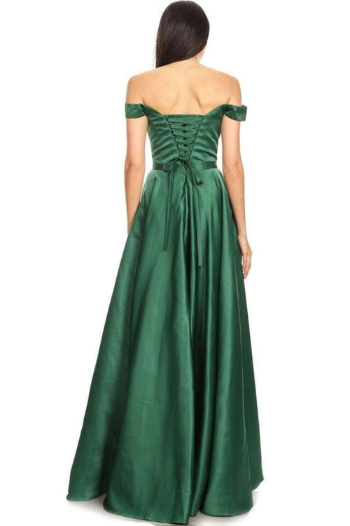 Off Shoulder Long Satin Dress With Side Pockets- SF3089