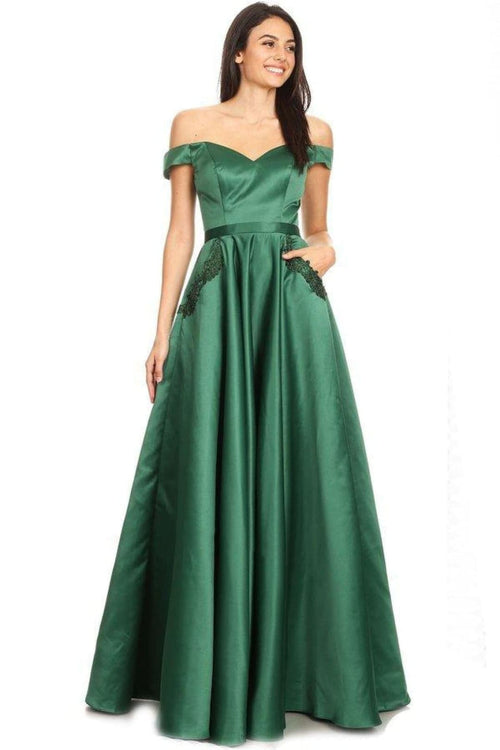 Off Shoulder Long Satin Dress With Side Pockets- SF3089 - HUNTER/GREEN / 4