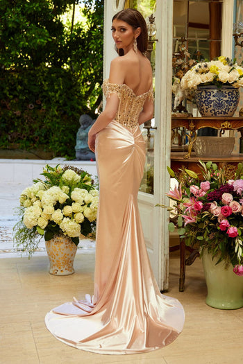 Fringe Off Shoulder Slit Gown by Elizabeth K GL3618 - Dress