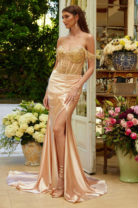 Fringe Off Shoulder Slit Gown by Elizabeth KGL3618