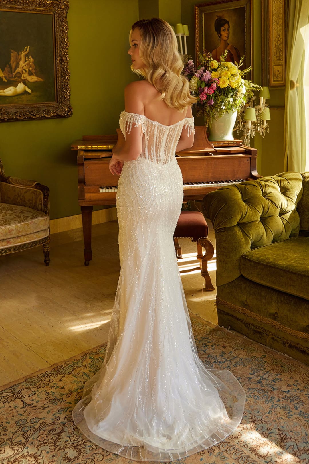 Fringe Off Shoulder Slit Gown by Elizabeth K GL3620 - Long Formal Dresses