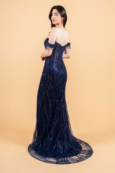 Fringe Off Shoulder Slit Gown by Elizabeth K GL3620 - Long Formal Dresses