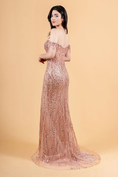 Fringe Off Shoulder Slit Gown by Elizabeth K GL3620 - Long Formal Dresses