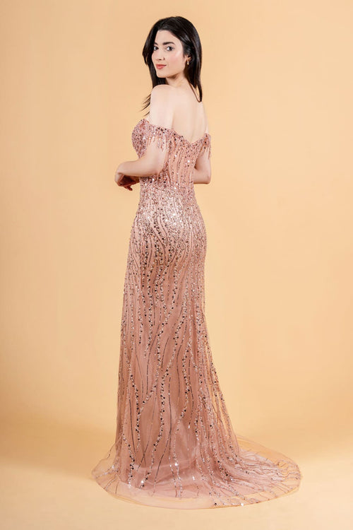 Fringe Off Shoulder Slit Gown by Elizabeth K GL3620 - Long Formal Dresses