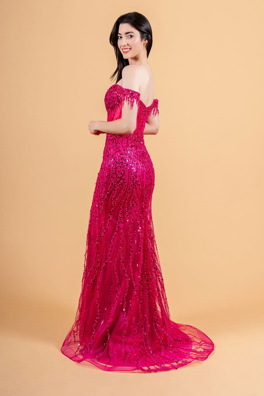 Fringe Off Shoulder Slit Gown by Elizabeth K GL3620 - Long Formal Dresses