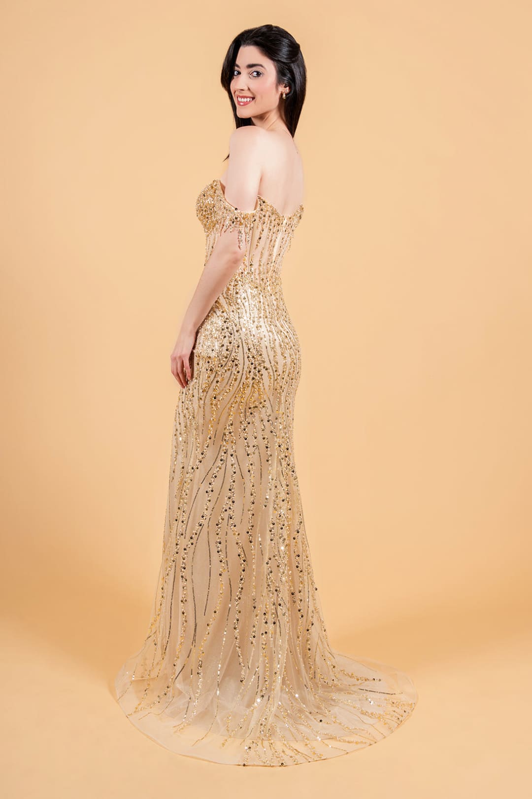 Fringe Off Shoulder Slit Gown by Elizabeth K GL3620 - Long Formal Dresses