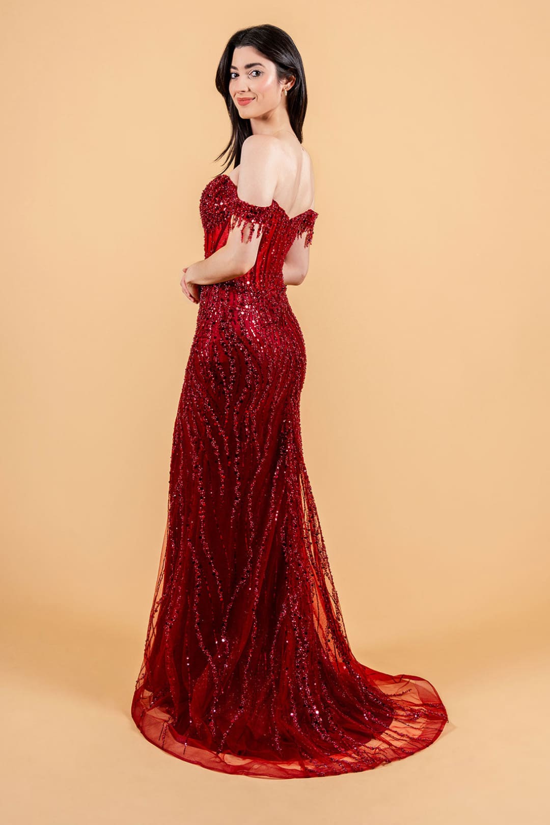 Fringe Off Shoulder Slit Gown by Elizabeth K GL3620 - Long Formal Dresses
