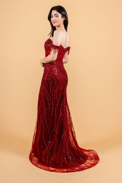 Fringe Off Shoulder Slit Gown by Elizabeth K GL3620 - Long Formal Dresses