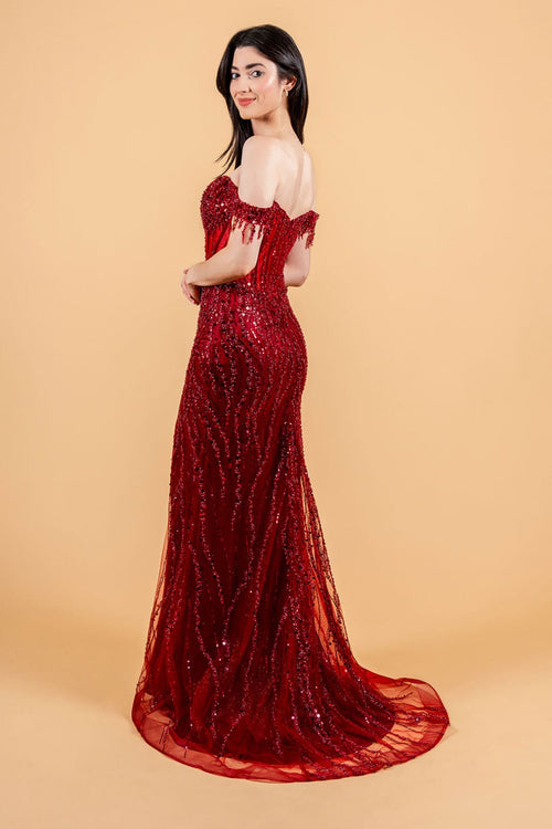 Fringe Off Shoulder Slit Gown by Elizabeth K GL3620 - Long Formal Dresses