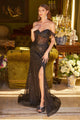 Fringe Off Shoulder Slit Gown by Elizabeth K GL3620 - XS / Black - Long Formal Dresses