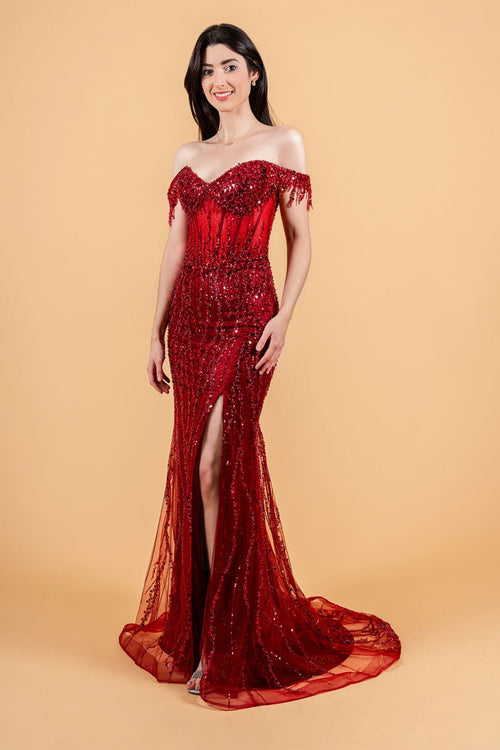 Fringe Off Shoulder Slit Gown by Elizabeth K GL3620 - XS / Burgundy - Long Formal Dresses
