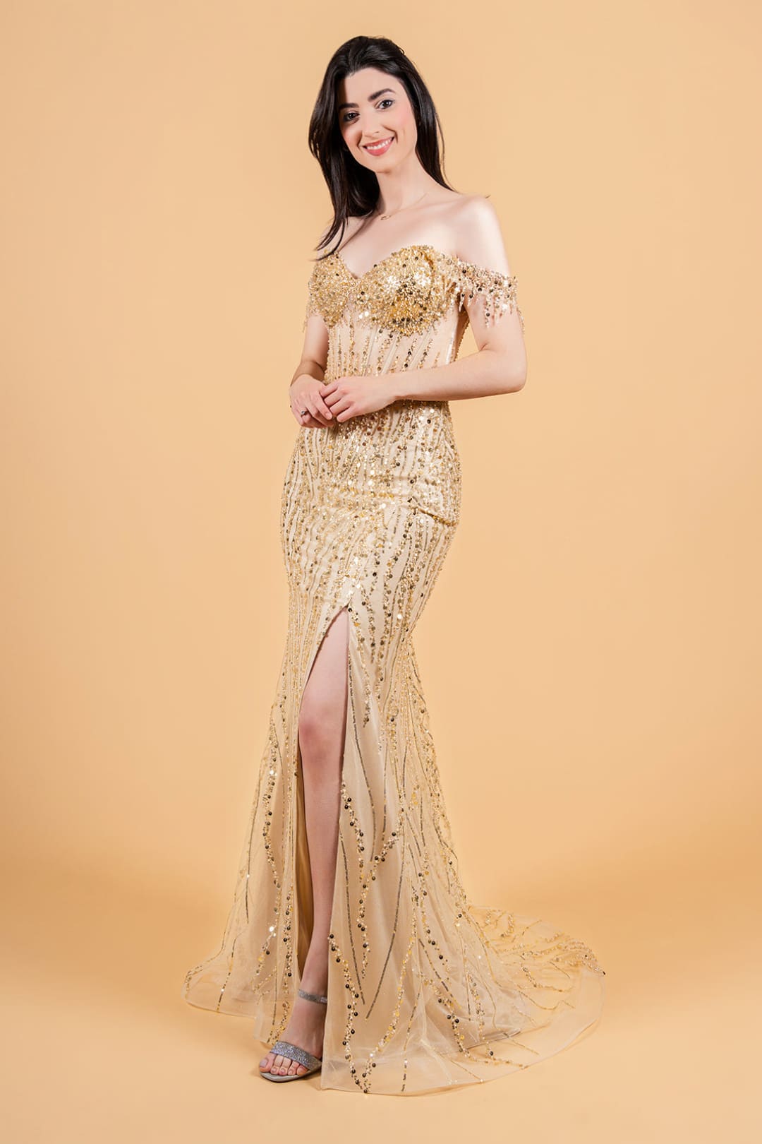 Fringe Off Shoulder Slit Gown by Elizabeth K GL3620 - XS / Champagne - Long Formal Dresses