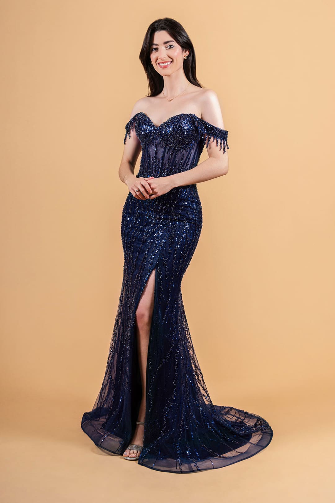 Fringe Off Shoulder Slit Gown by Elizabeth K GL3620 - XS / Navy - Long Formal Dresses