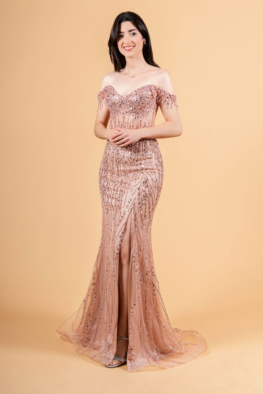 Fringe Off Shoulder Slit Gown by Elizabeth K GL3620 - XS / Rose Gold - Long Formal Dresses