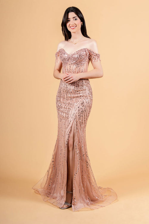 Fringe Off Shoulder Slit Gown by Elizabeth K GL3620 - XS / Rose Gold - Long Formal Dresses