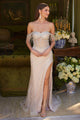 Fringe Off Shoulder Slit Gown by GLS Gloria GL3621 - XS / Champagne - Long Formal Dresses