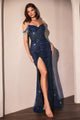 Fringe Off Shoulder Slit Gown by Ladivine CC324 - Navy / 2 - Long Formal Dresses