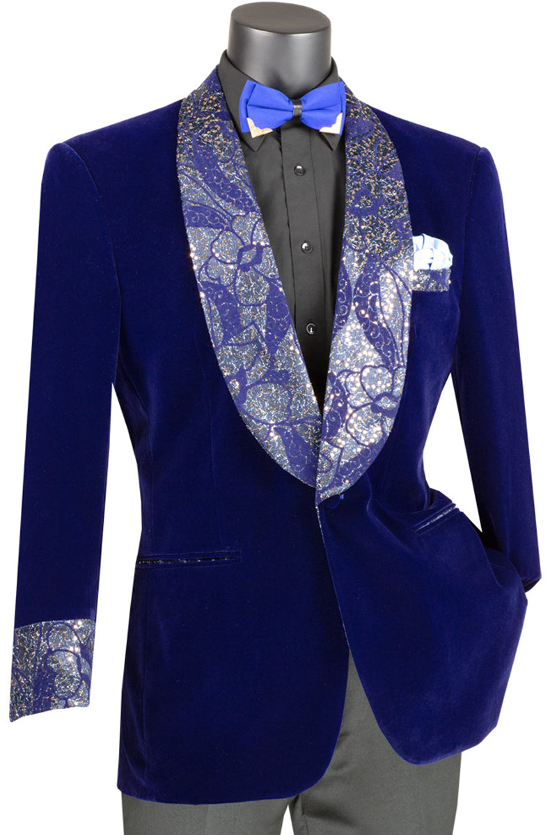 Chaqueta de esmoquin de terciopelo para hombre con solapa y puños con purpurina paisley en azul rey
