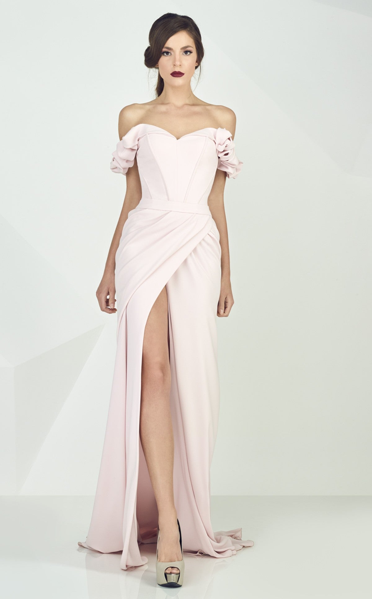 Gaby Charbachi G0665 Off-Shoulder Ruffled Corset Evening Gown in Black - Size 4