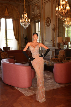 Chic and Holland HF110700 Plunging V-Neck Spaghetti Strap Beaded Column Evening Gown with Back Slit