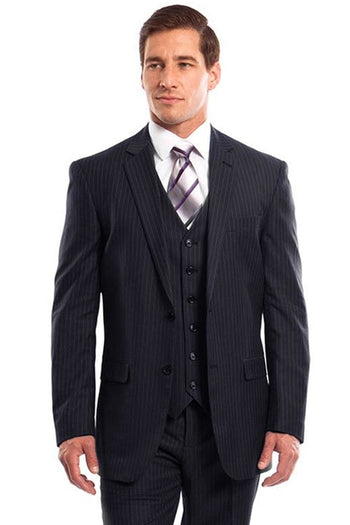 Traje de negocios con chaleco de dos botones para hombre en raya diplomática azul marino
