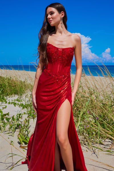 Gala Dress Strapless Ruched Side slit Formal Gown By Amelia Couture 9055 - RED / Dress