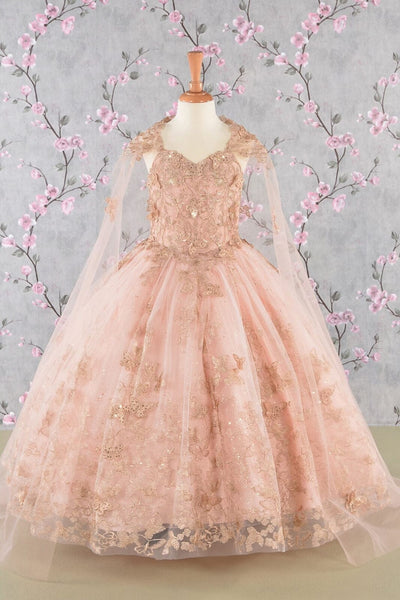 Girls 3D Butterfly Sleeveless Cape Gown by Elizabeth K GK114 - 2 / Rose Gold - Girls Formal Dresses