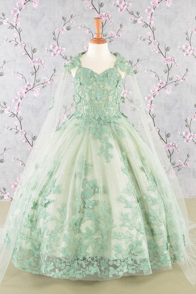 Girls 3D Butterfly Sleeveless Cape Gown by Elizabeth K GK114 - 2 / Sage - Girls Formal Dresses